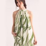 Brushstroke Print Halter Neck Maxi Dress | Off-White & Green Long Dress