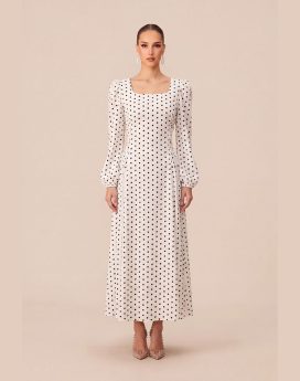 Polka Dot Square Neck Lace-Up Maxi Dress | Black & White Long Sleeve Dress