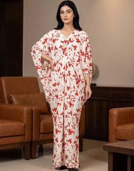 Floral Print V-Neck Kaftan Maxi Dress | Cream & Red Long Kaftan