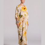 Watercolor Floral Print V-Neck Kaftan Maxi Dress | Yellow & Cream Long Kaftan