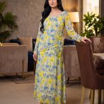Watercolor Floral Print Ruched Waist Maxi Dress | Yellow & Blue Long Sleeve Dress