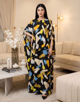 Abstract Brushstroke Print Cape Sleeve Kaftan Set | Black & Multicolor Long Co-ord
