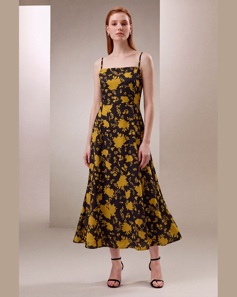 Floral Print Strappy Smocked Back Maxi Dress | Black & Mustard Long Dress - Image 2