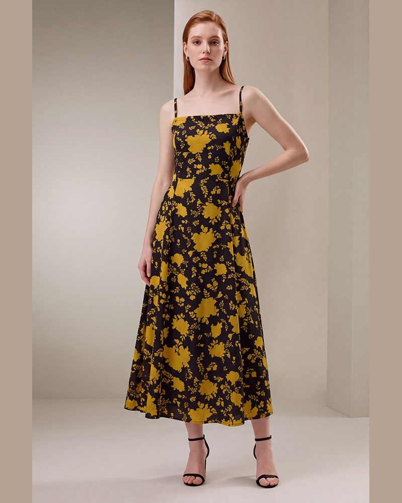 Floral Print Strappy Smocked Back Maxi Dress | Black & Mustard Long Dress - Image 4