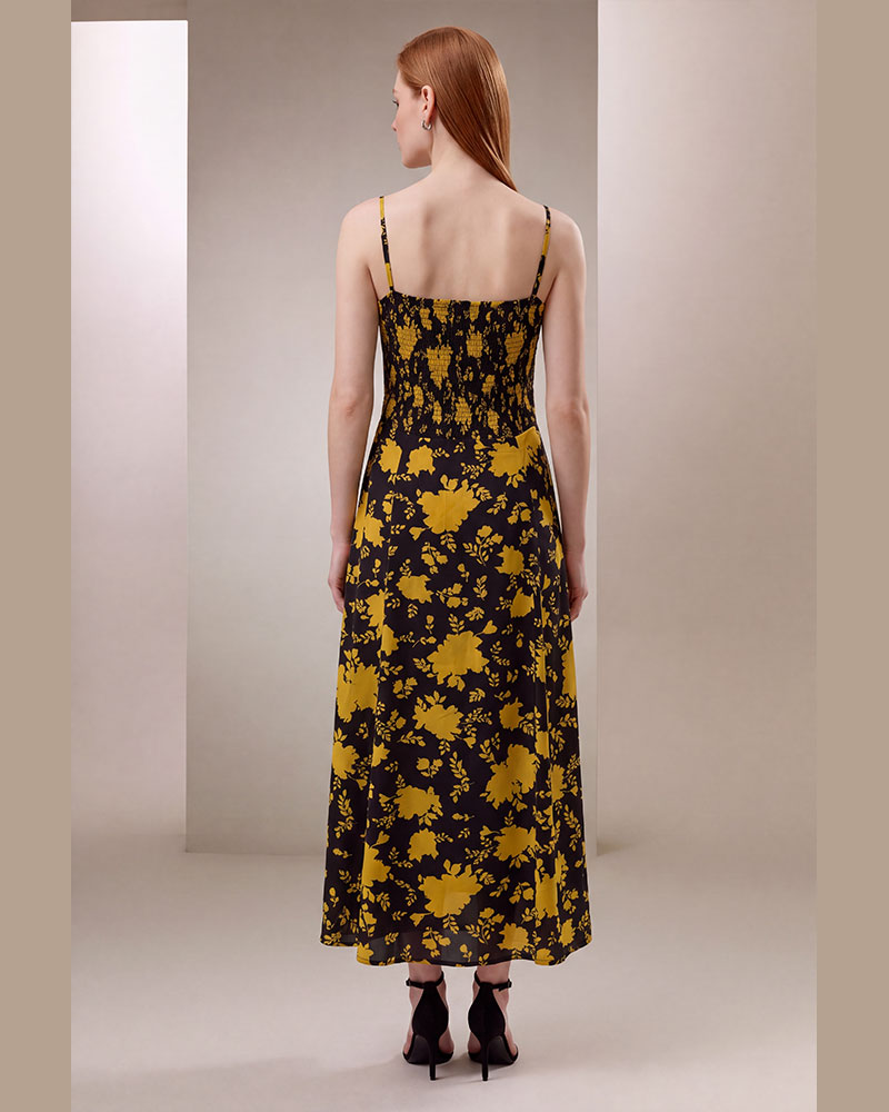 Floral Print Strappy Smocked Back Maxi Dress | Black & Mustard Long Dress - Image 3