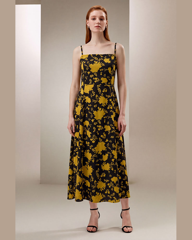 Floral Print Strappy Smocked Back Maxi Dress | Black & Mustard Long Dress