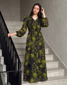 Olive Green Floral Print Maxi Dress | Black Long Sleeve V-Neck Dress