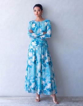 Watercolor Print Ruched Waist Maxi Dress | Sky Blue Long Dress
