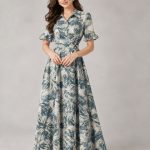 Navy and Beige Floral Print Shirt Maxi Dress | Collared Long Dress