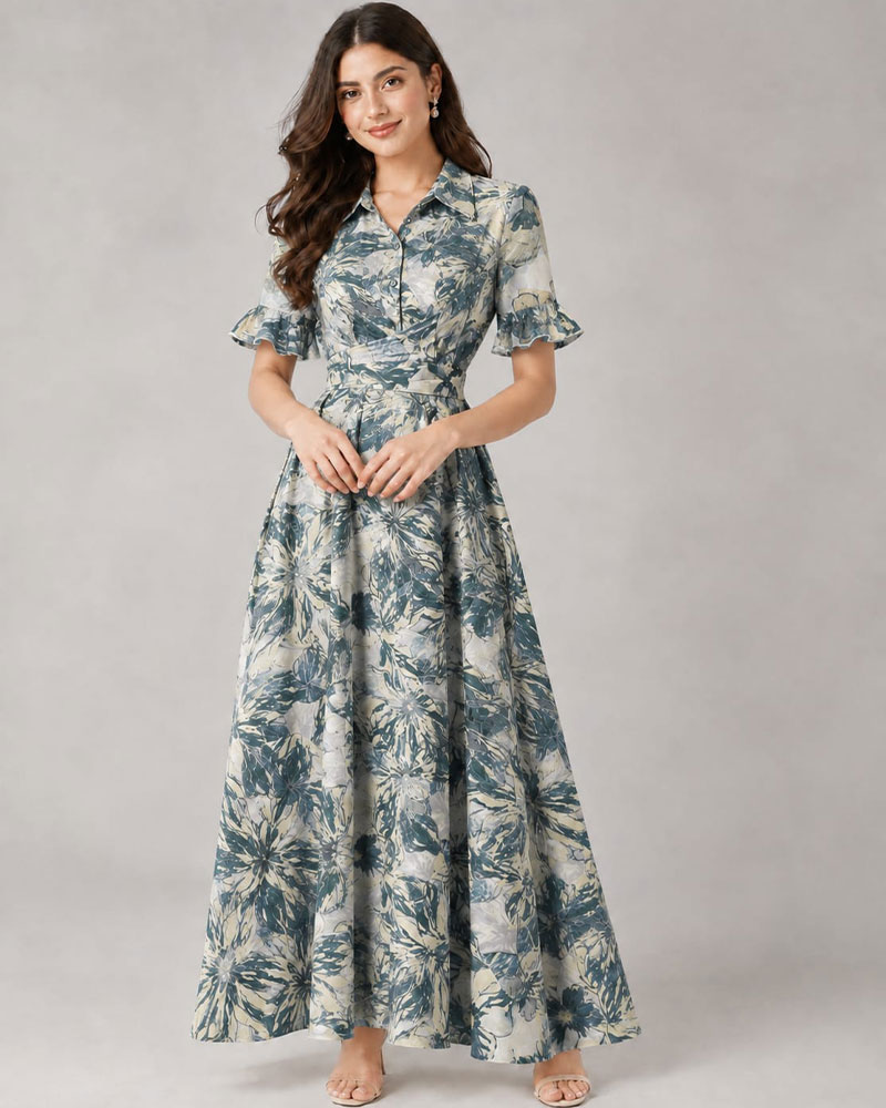 Navy and Beige Floral Print Shirt Maxi Dress | Collared Long Dress